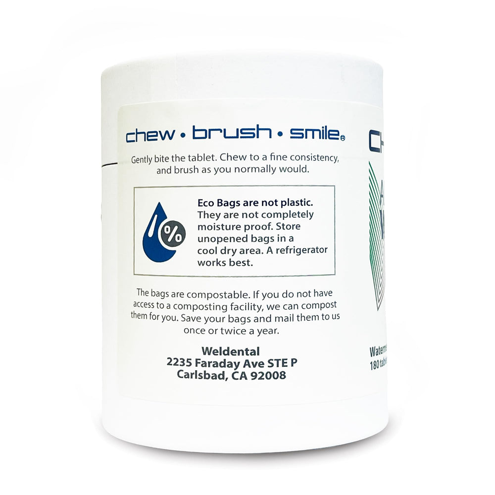 180-count Weldental Chewtab refill package in a cardboard tube
