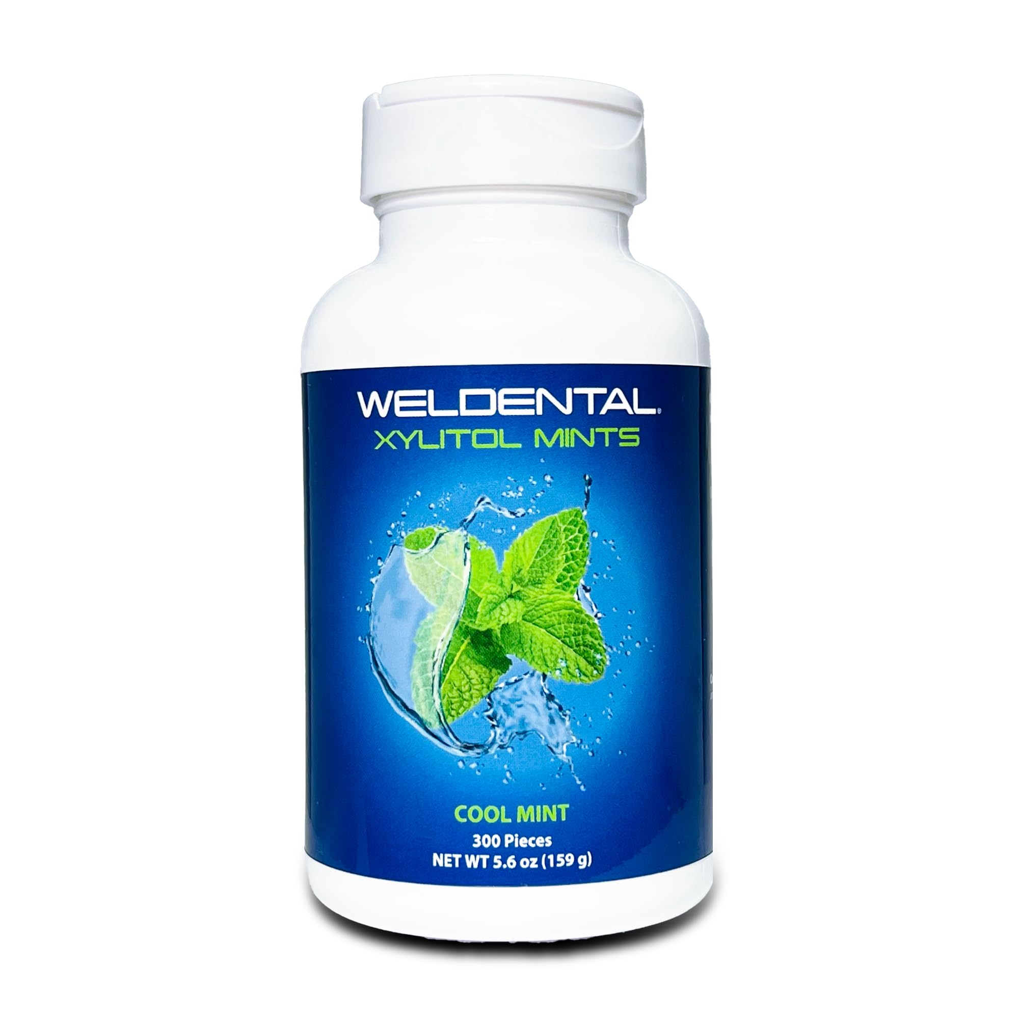 Front view of WELdental Xylitol Mints Peppermint bottle