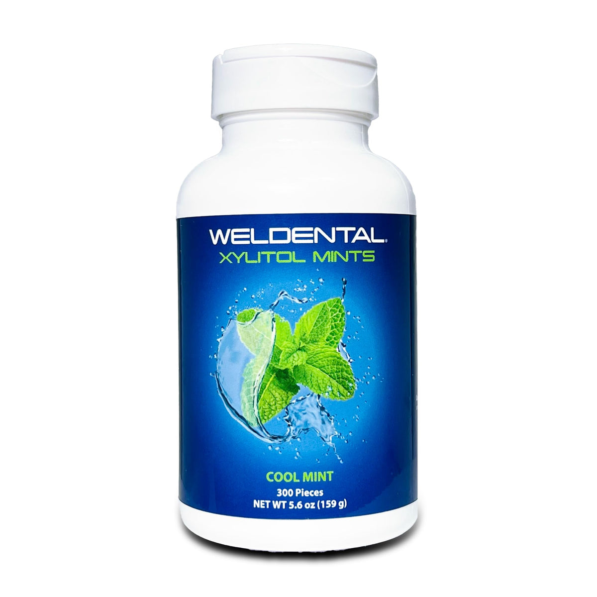 Front view of WELdental Xylitol Mints Peppermint bottle