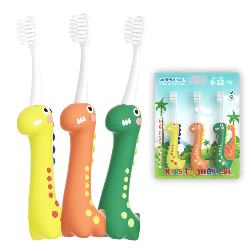 Well Before Dinosaur kids toothbrush front view with ultra-soft 0.12mm bristles