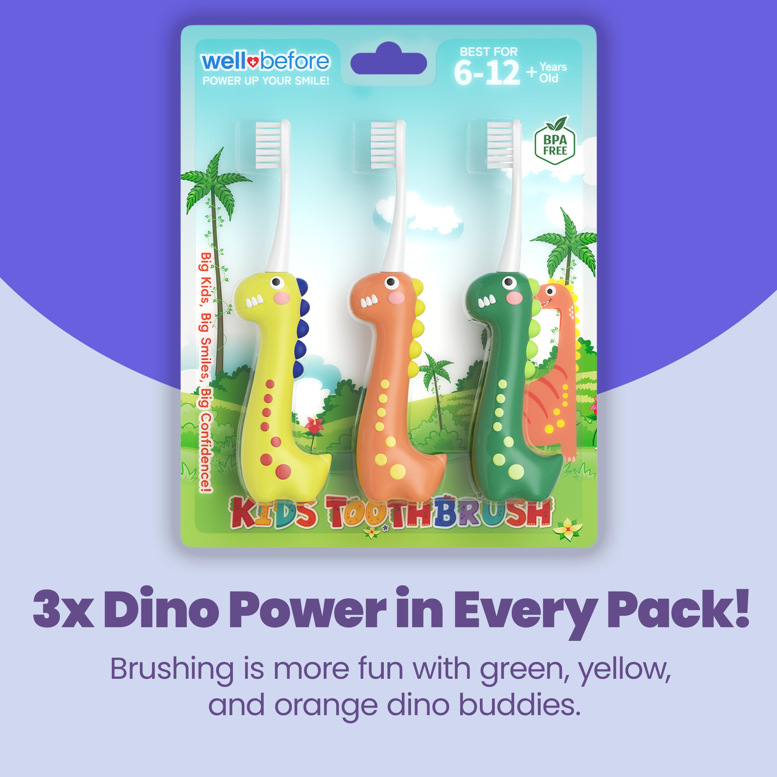 Dinosaur-themed toddler toothbrush for kids 6-12 with 0.12mm bristles