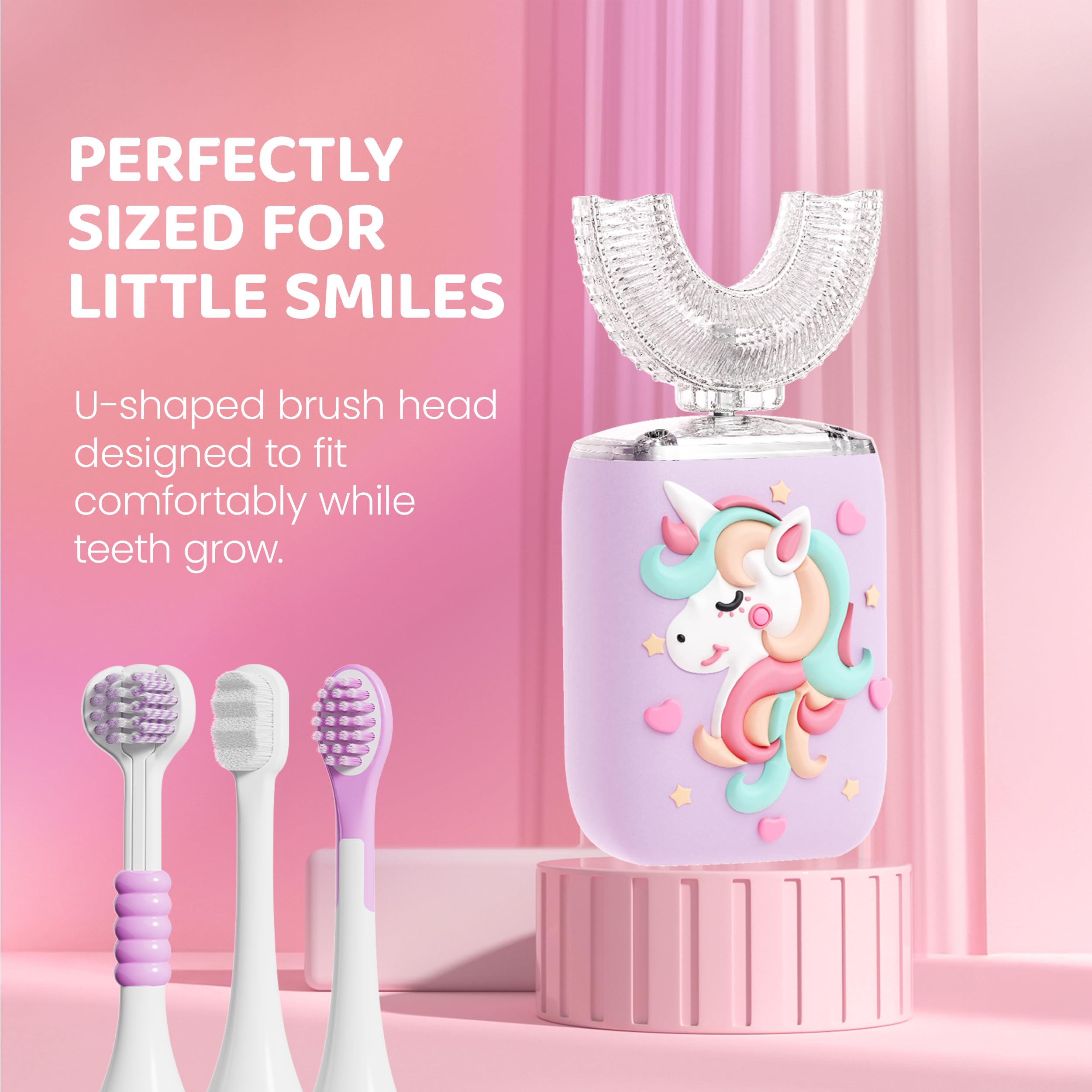 Two U-shaped silicone heads and two soft bristle heads for 360° cleaning
