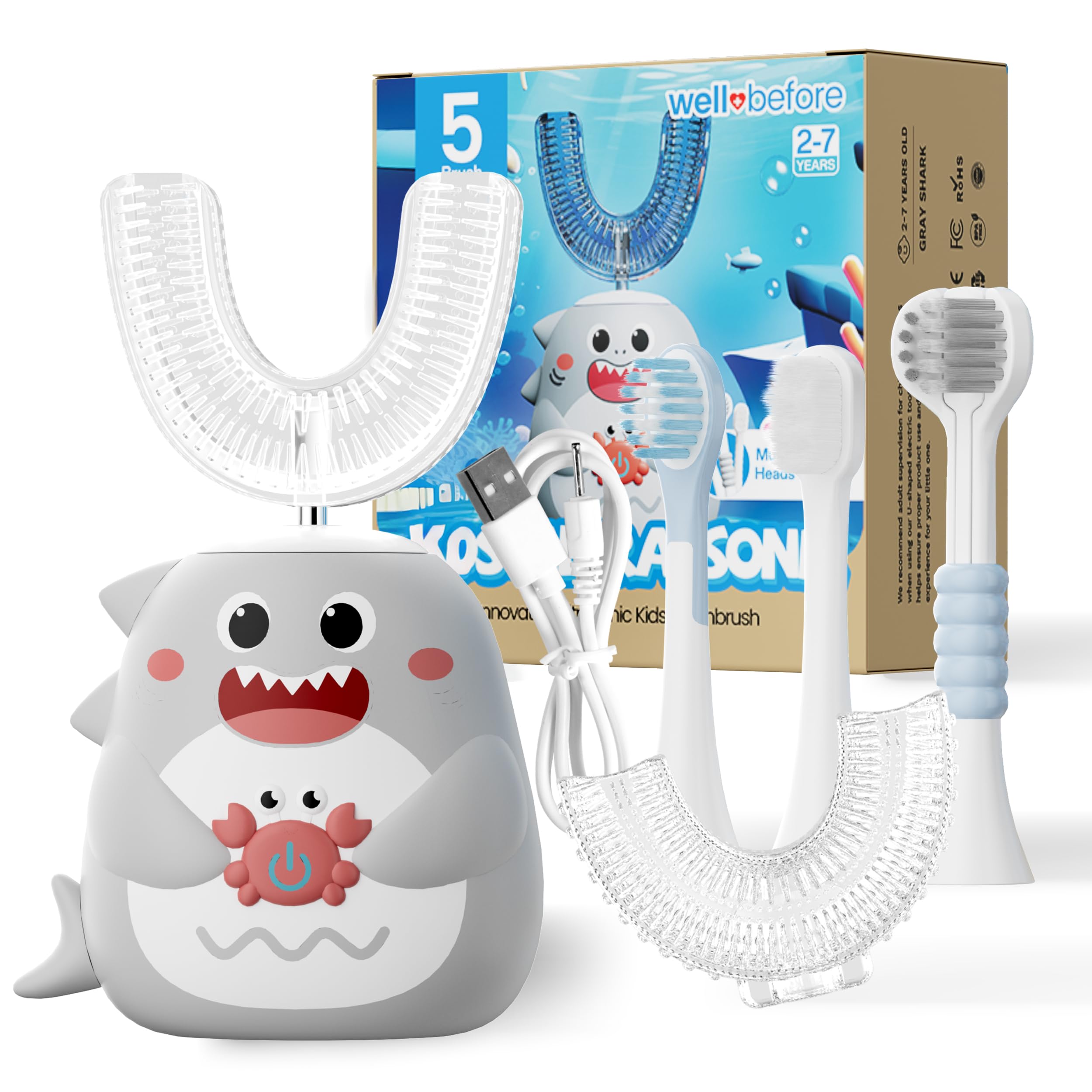 Well Before Ultrasonic Kid's Toothbrush Shark Grey with U-shaped design