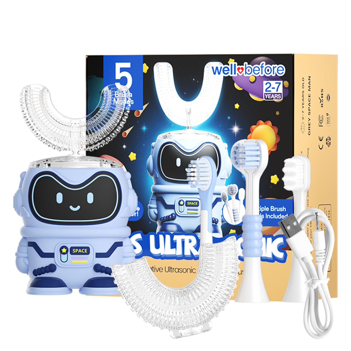 Front view of Well Before Ultrasonic Kid's Toothbrush spaceman blue