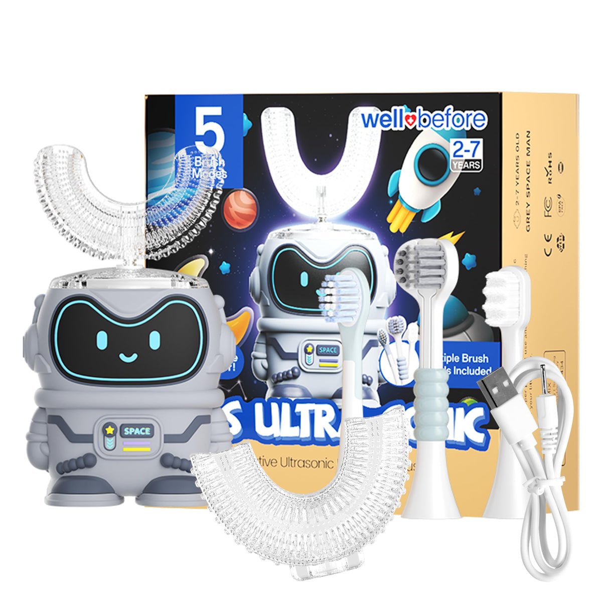 Main image: Well Before Kid's U-Shaped Ultrasonic Toothbrush in Spaceman Grey
