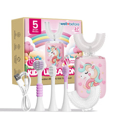 Front view of Well Before Ultrasonic Kid's U-Shaped Toothbrush in unicorn pink