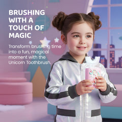 Side view of unicorn pink Well Before U-shaped kid toothbrush