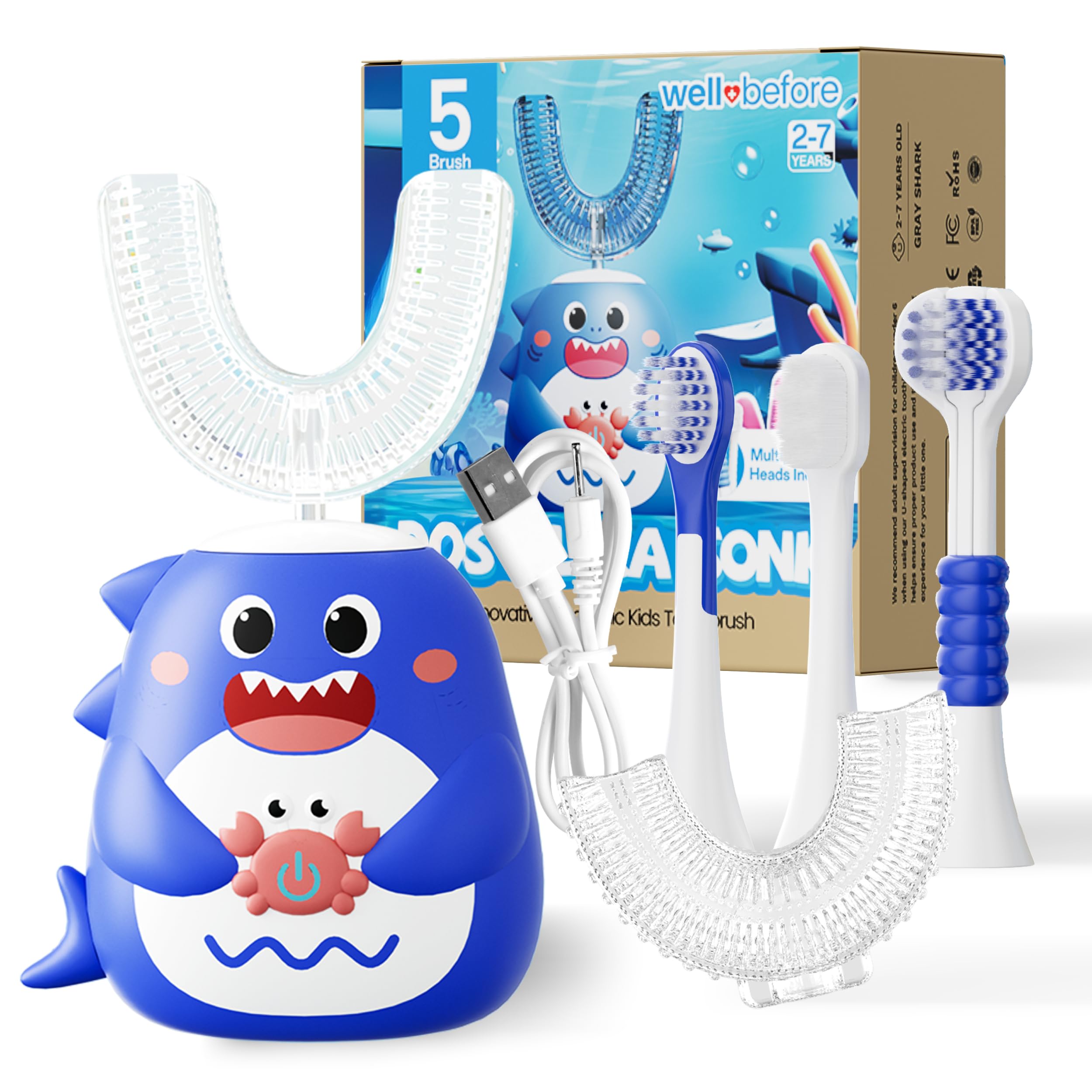 Well Before Ultrasonic Kid's U-Shaped Electric Toothbrush in Shark Blue (hero image)