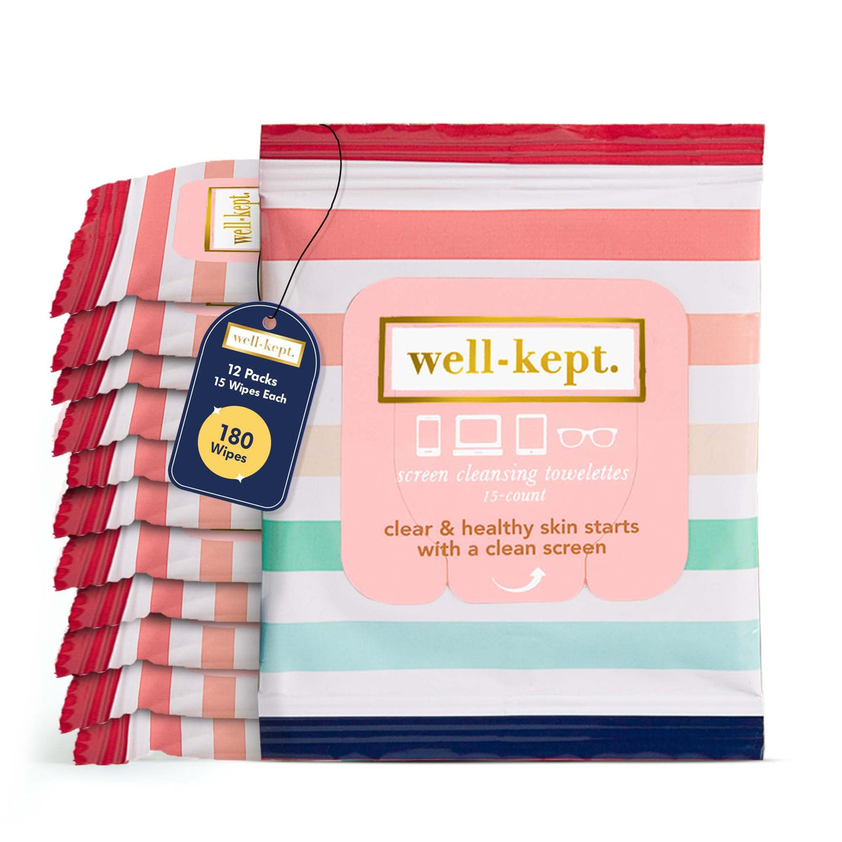 Front view of Well-Kept Tech & Lens Wipes 12-Pack packaging