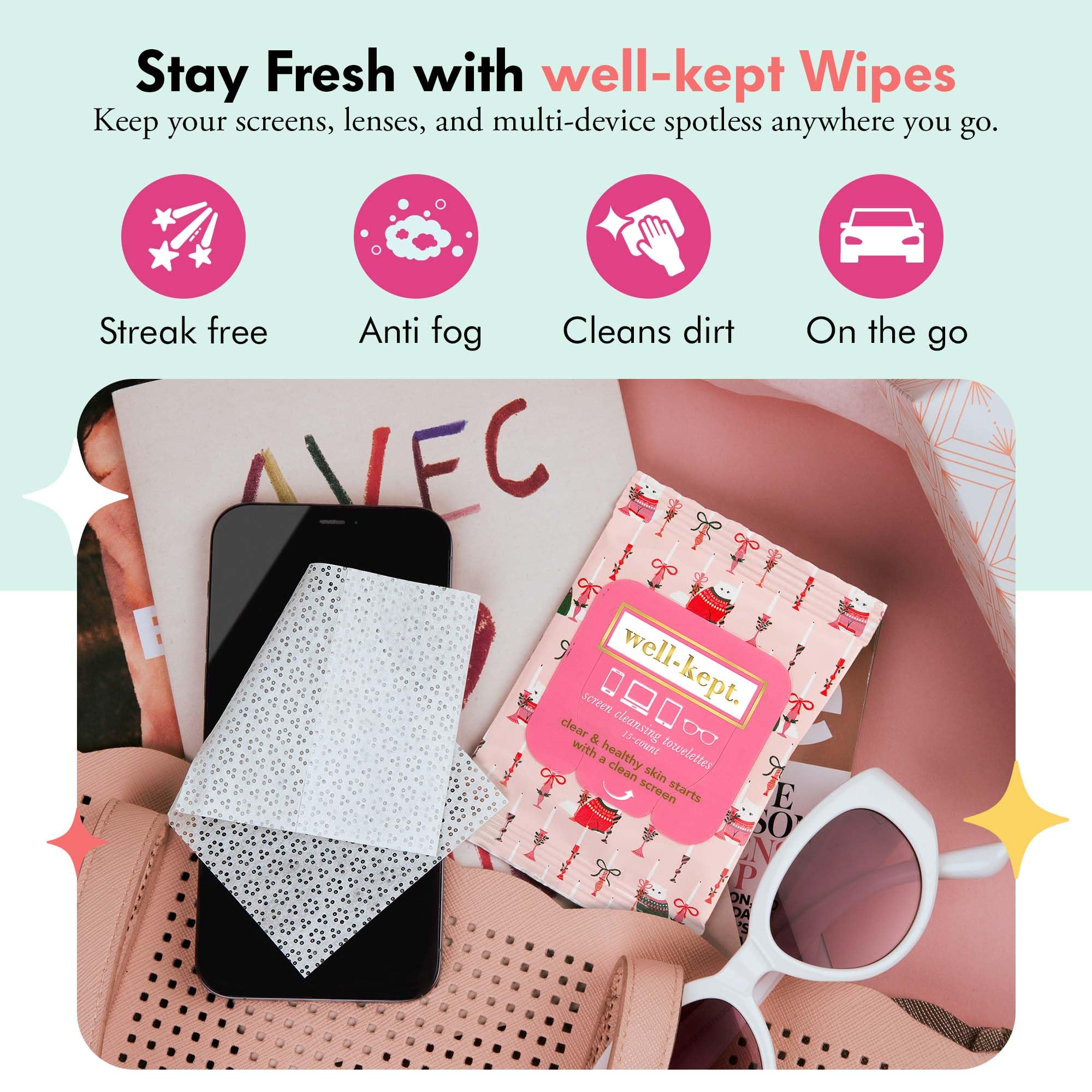 12-pack resealable pouch of pre-moistened wipes for glasses and screens