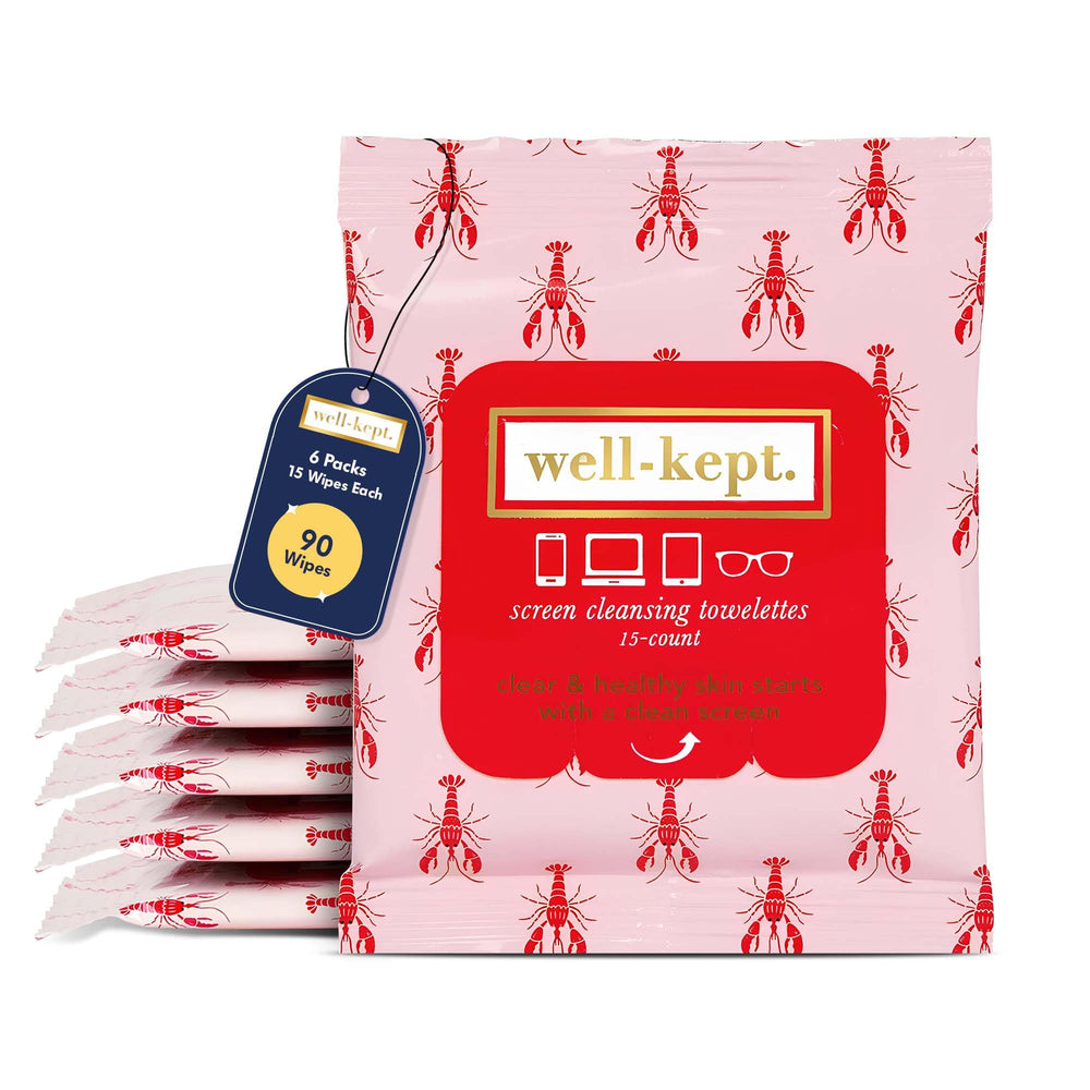Well-Kept 6-pack lens wipes box with rainbow-striped resealable packs