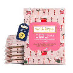 Well-Kept Wipes six-pack packaging with rainbow-striped resealable packs