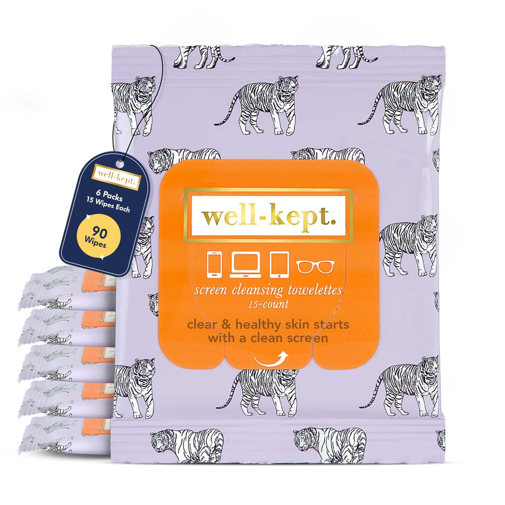 Front view of Well-Kept 6-pack lens wipes with rainbow-striped resealable packaging