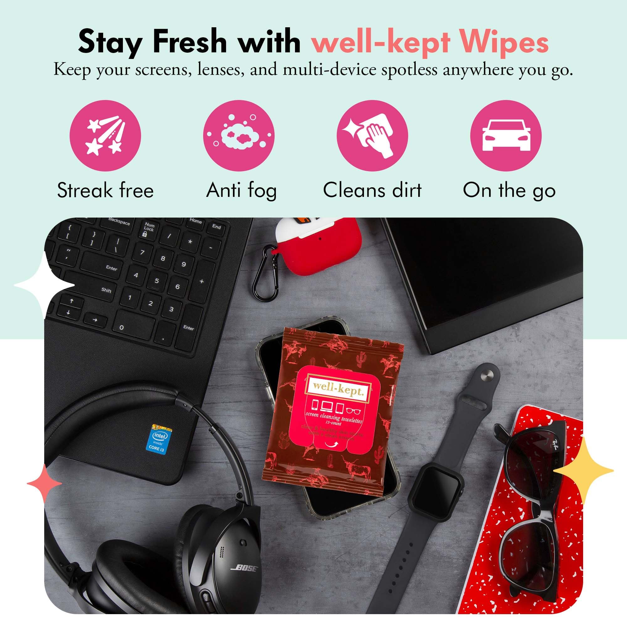 Close up of six pack 90 count Well-Kept wipes container