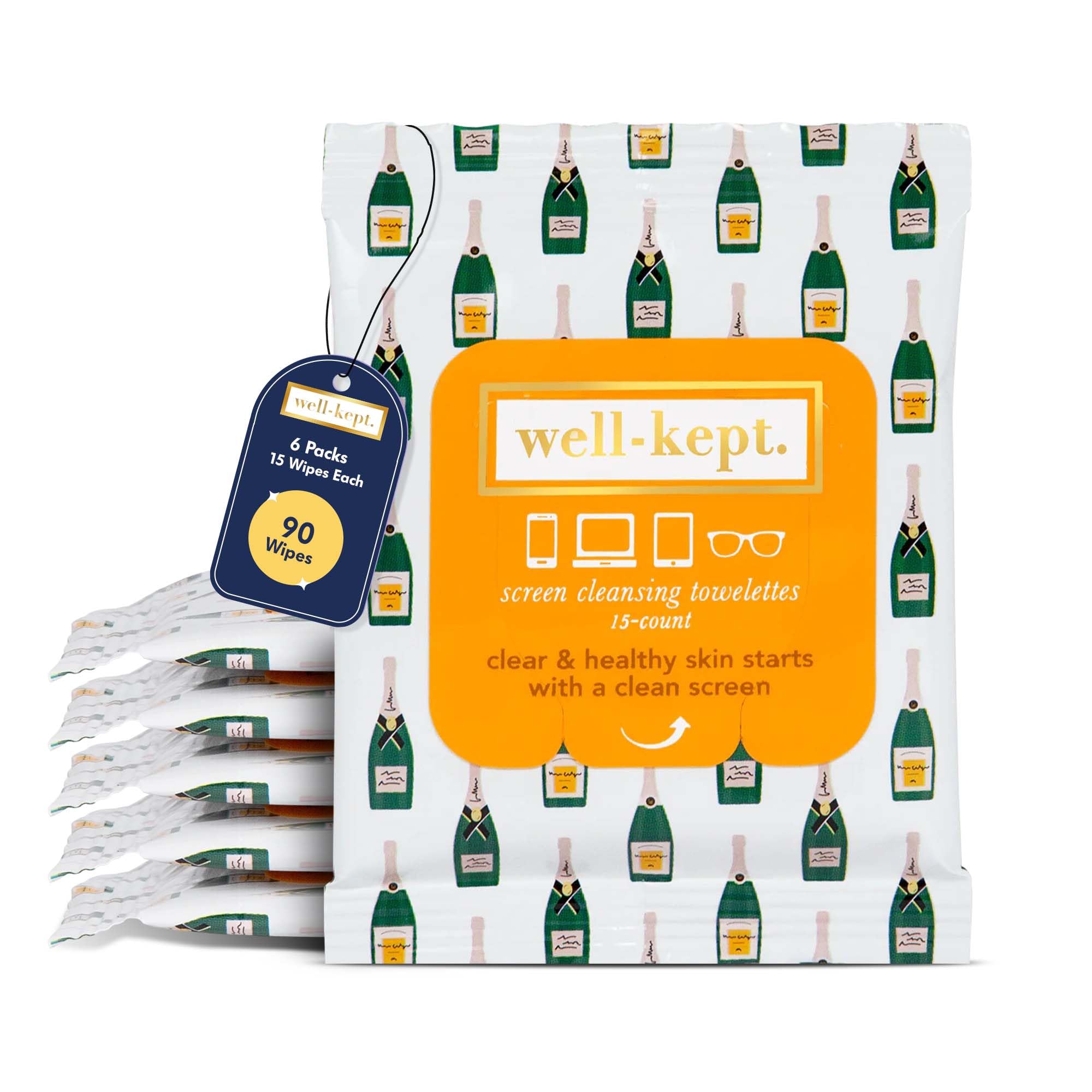Front view of Well-Kept Wipes six-pack containing 90 wipes