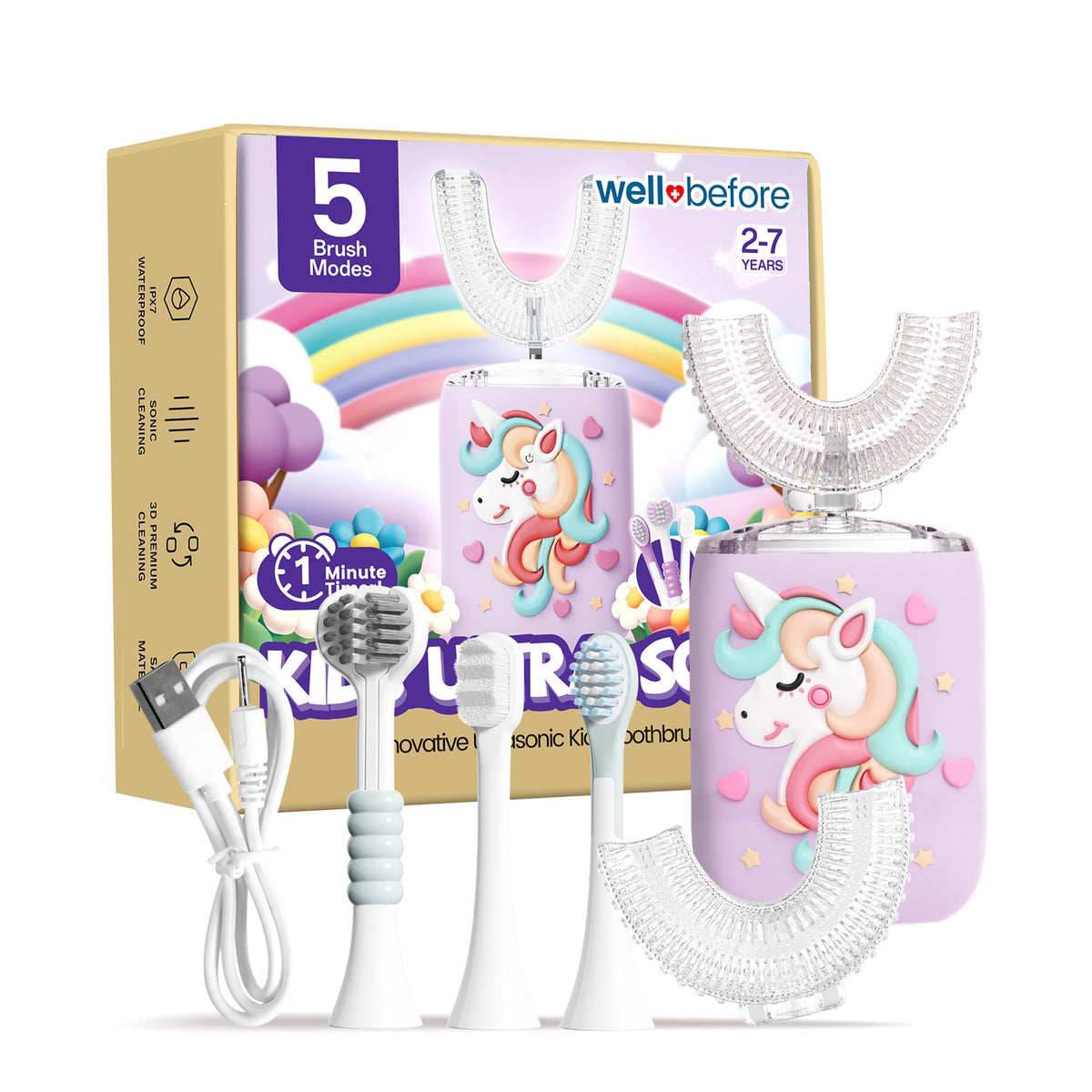 Well Before ultrasonic kid's toothbrush unicorn purple assembled