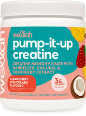 Wellah Creatine for Women bottle displaying 50 servings with Strawberry Pina Colada flavor
