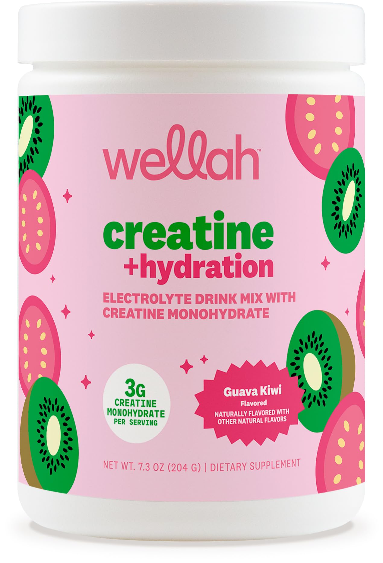 Front view of Wellah Creatine + Hydration Powder Guava Kiwi container