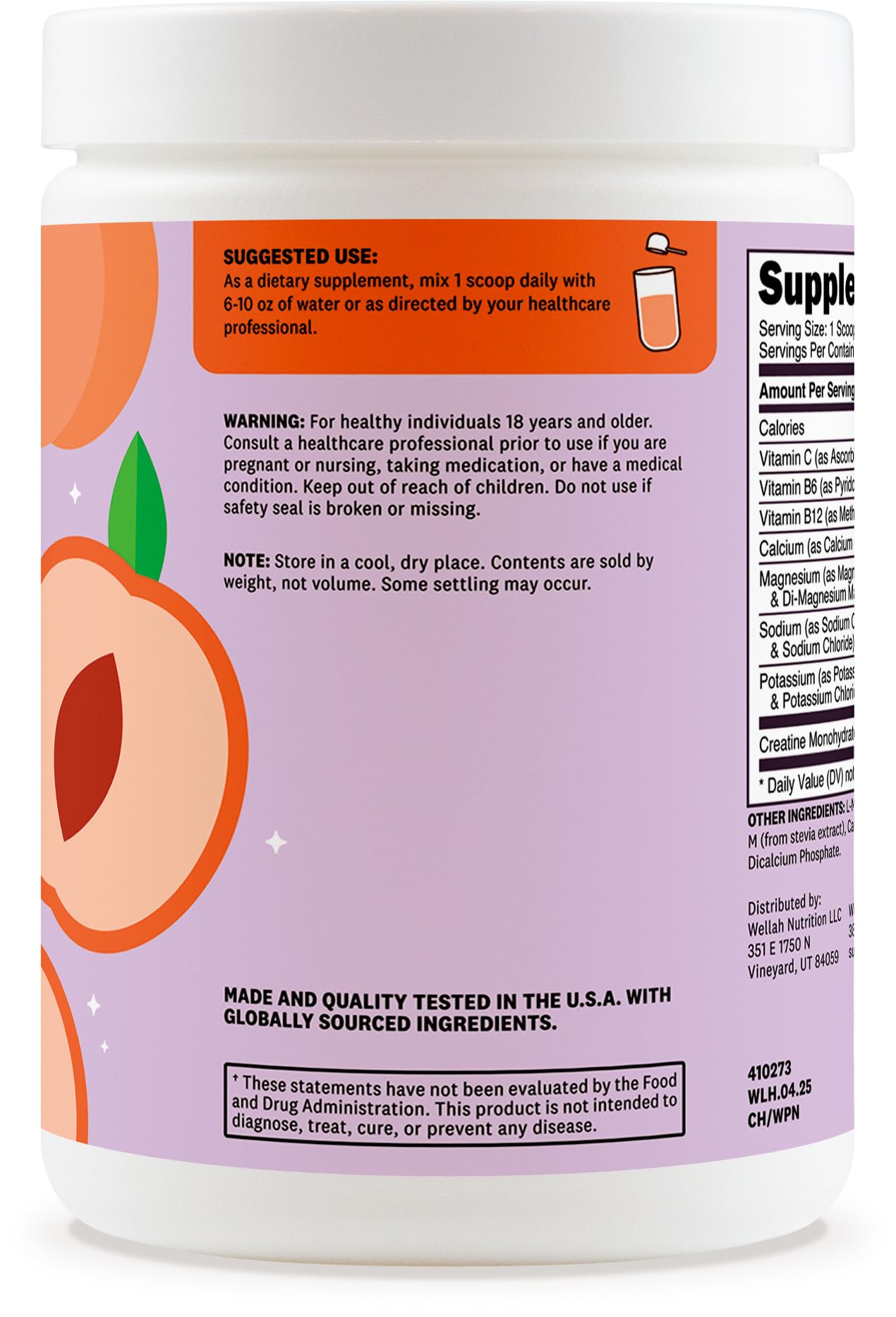 Shaker cup with the White Peach Nectarine flavored drink prepared from Wellah Creatine + Hydration Powder