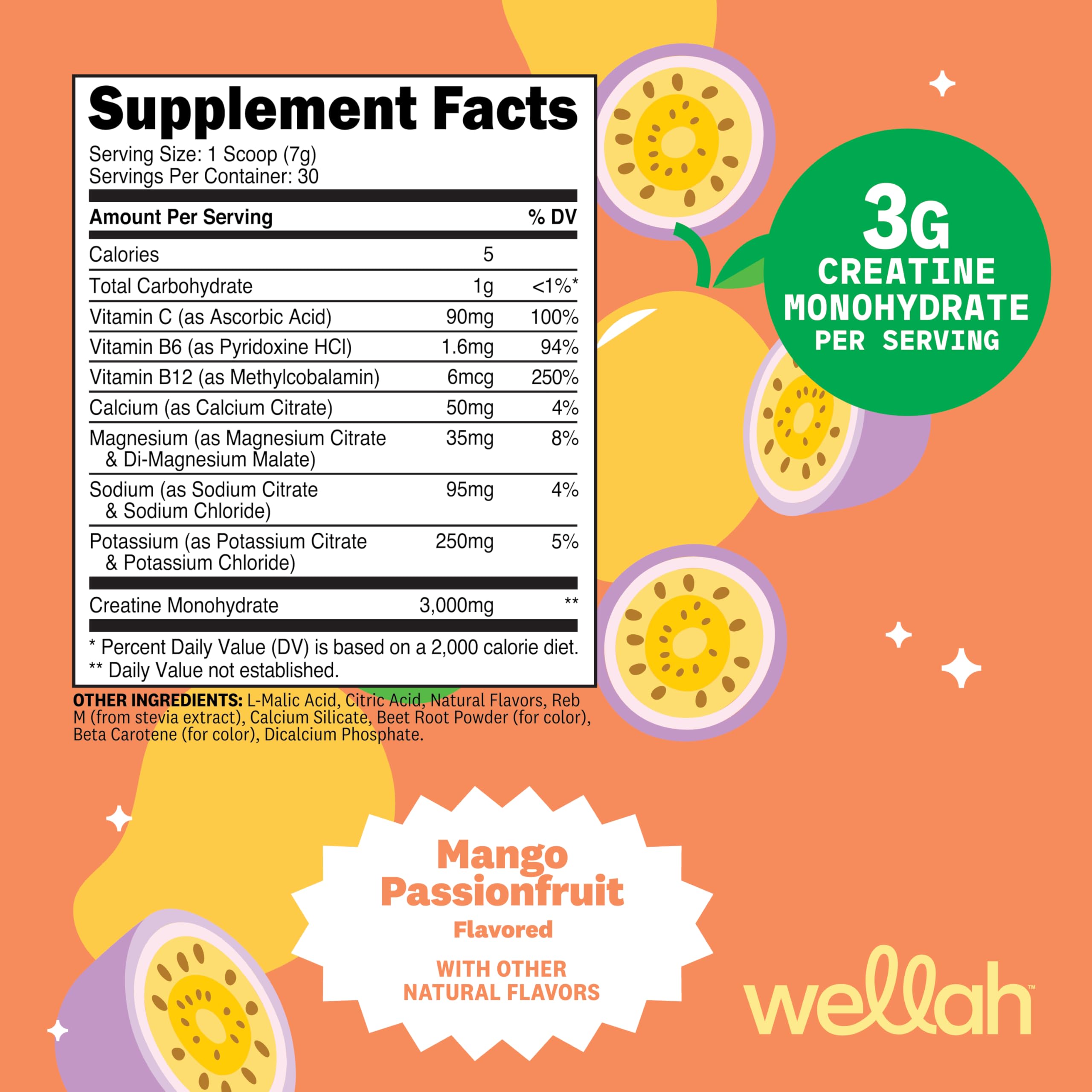 Scoop of 3g creatine monohydrate mango passionfruit powder