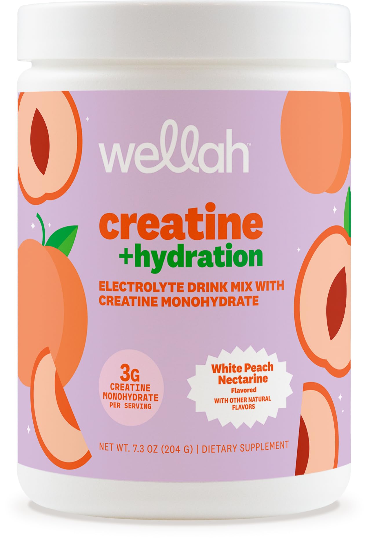 Wellah Creatine + Hydration Powder tub featuring White Peach Nectarine flavor