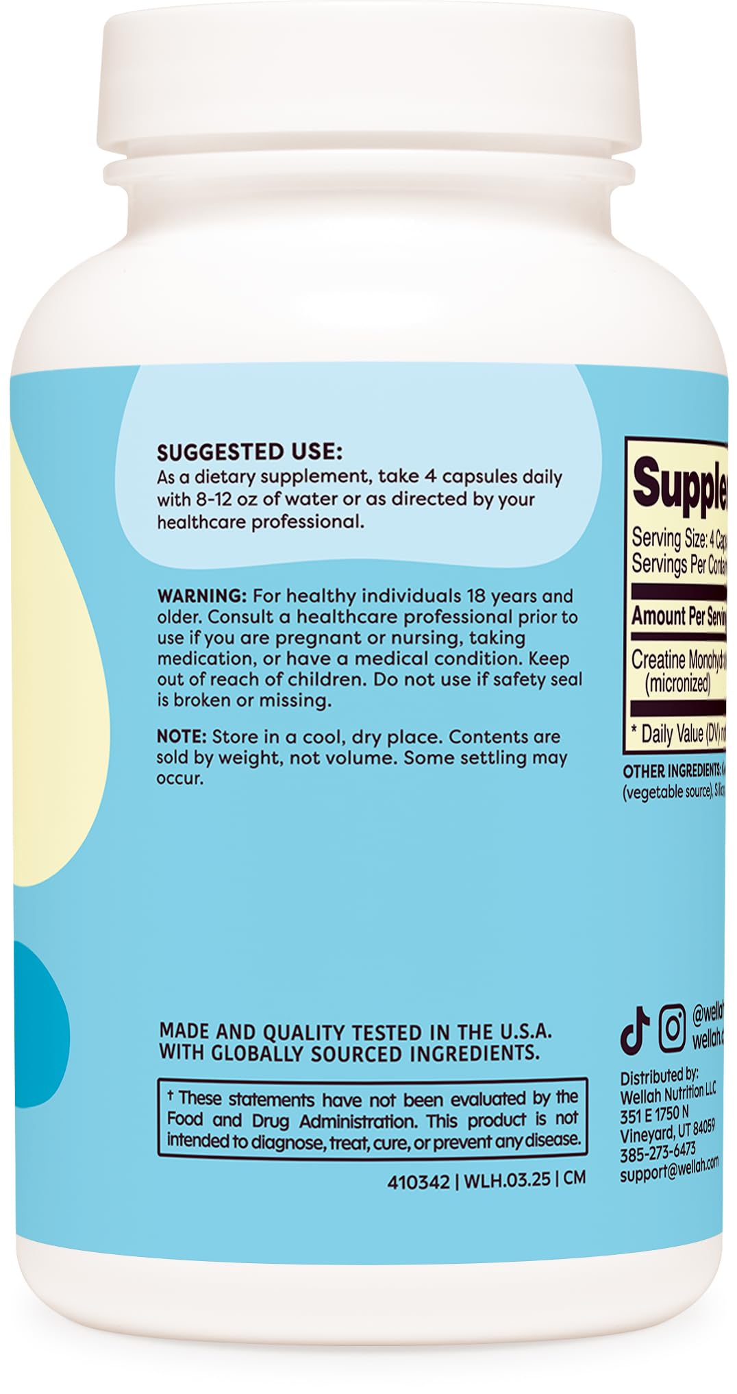 Nutrition facts panel and Wellah Creatine Monohydrate bottle