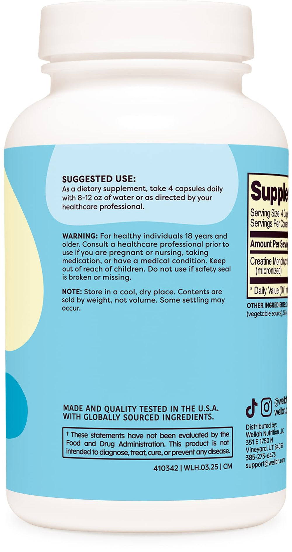 Nutrition facts panel and Wellah Creatine Monohydrate bottle