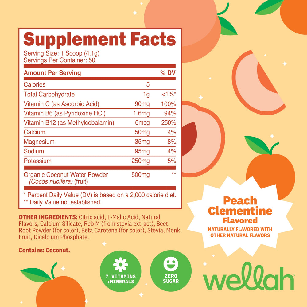Front view of Wellah Electrolytes Peach Clementine 50 servings package