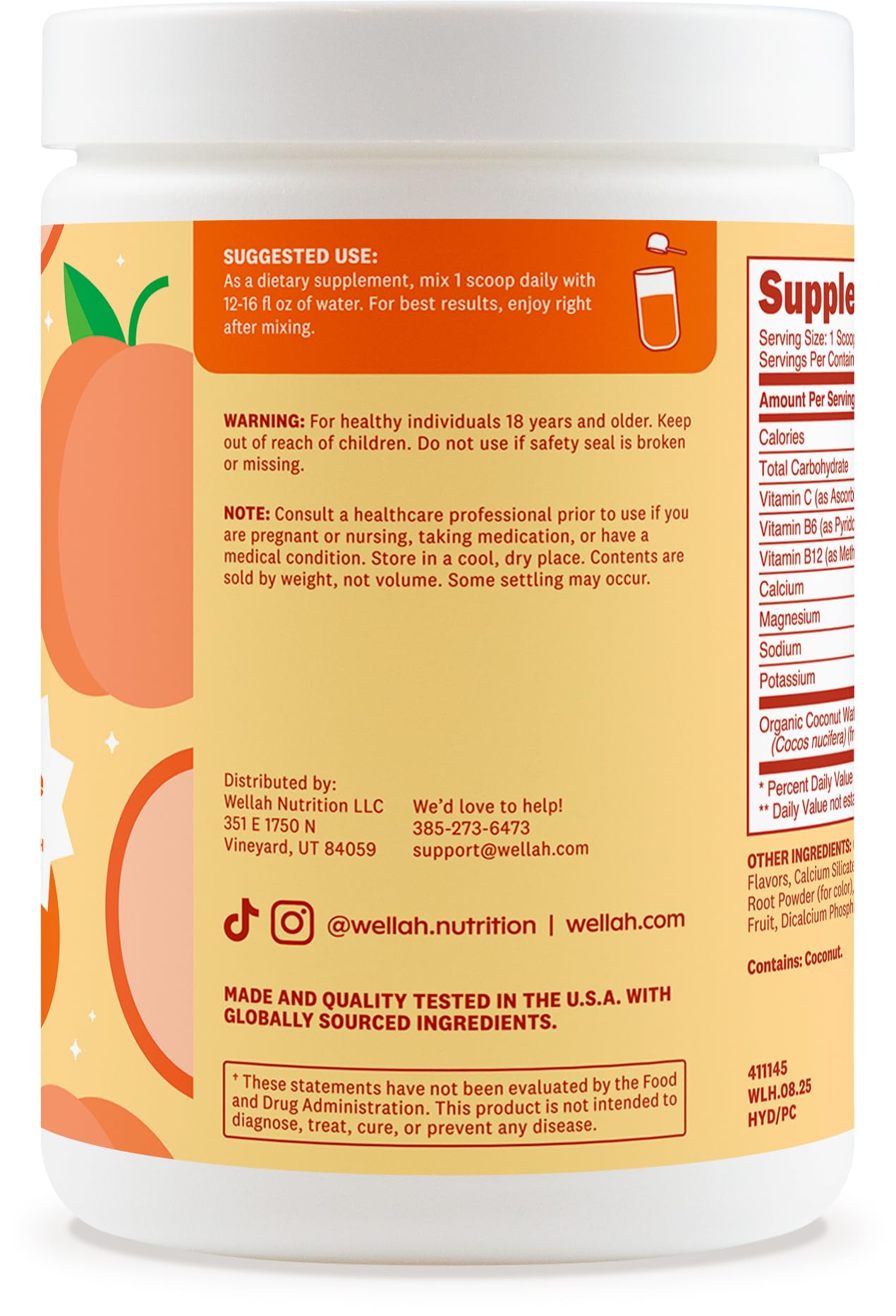 Wellah Electrolytes Peach Clementine powder in a glass of water