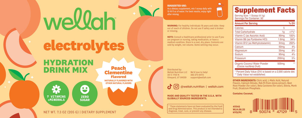 Wellah Electrolytes Peach Clementine tub with scoop ready for mix.