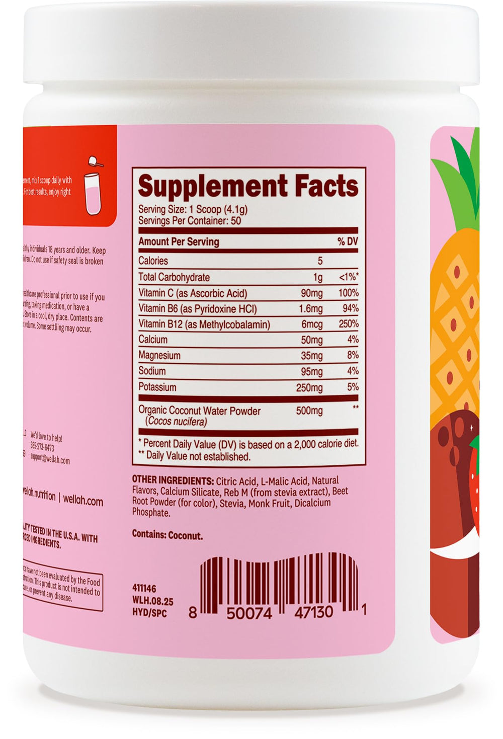 Wellah Electrolytes Powder dissolving in water showing vibrant strawberry pina colada flavor.