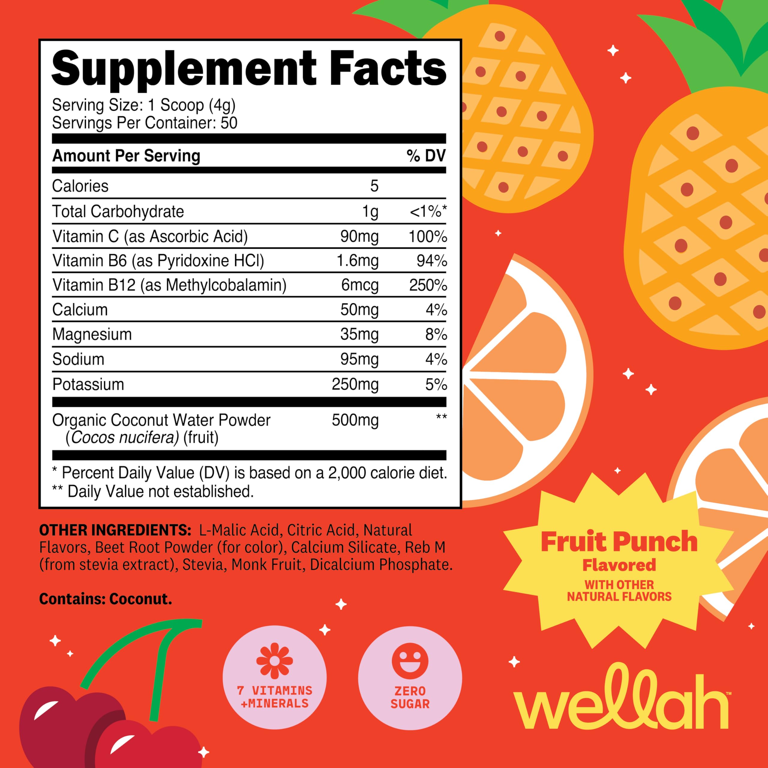 Wellah Electrolytes Powder Fruit Punch scoop highlights convenient daily electrolyte support.