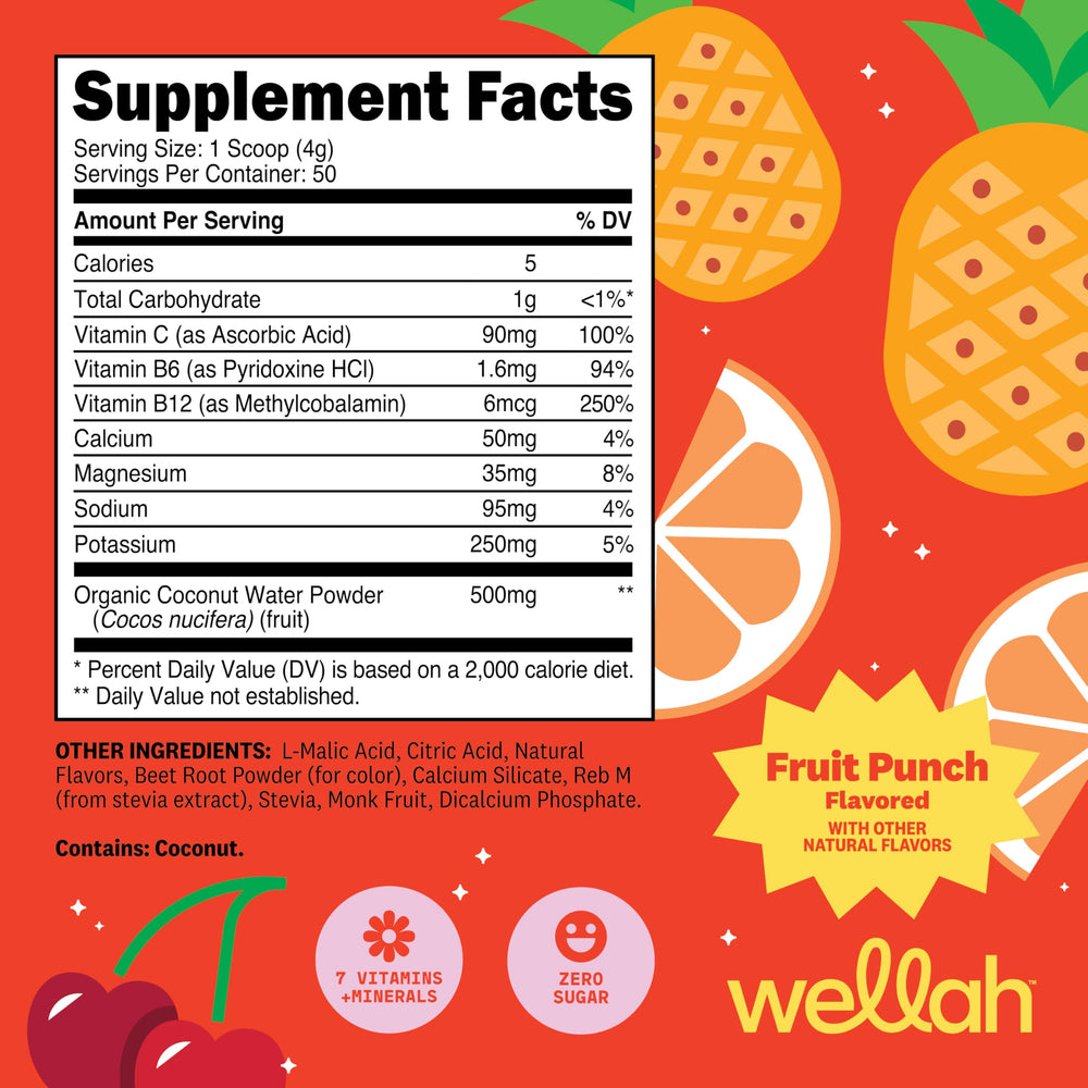 Wellah Electrolytes Powder Fruit Punch scoop highlights convenient daily electrolyte support.