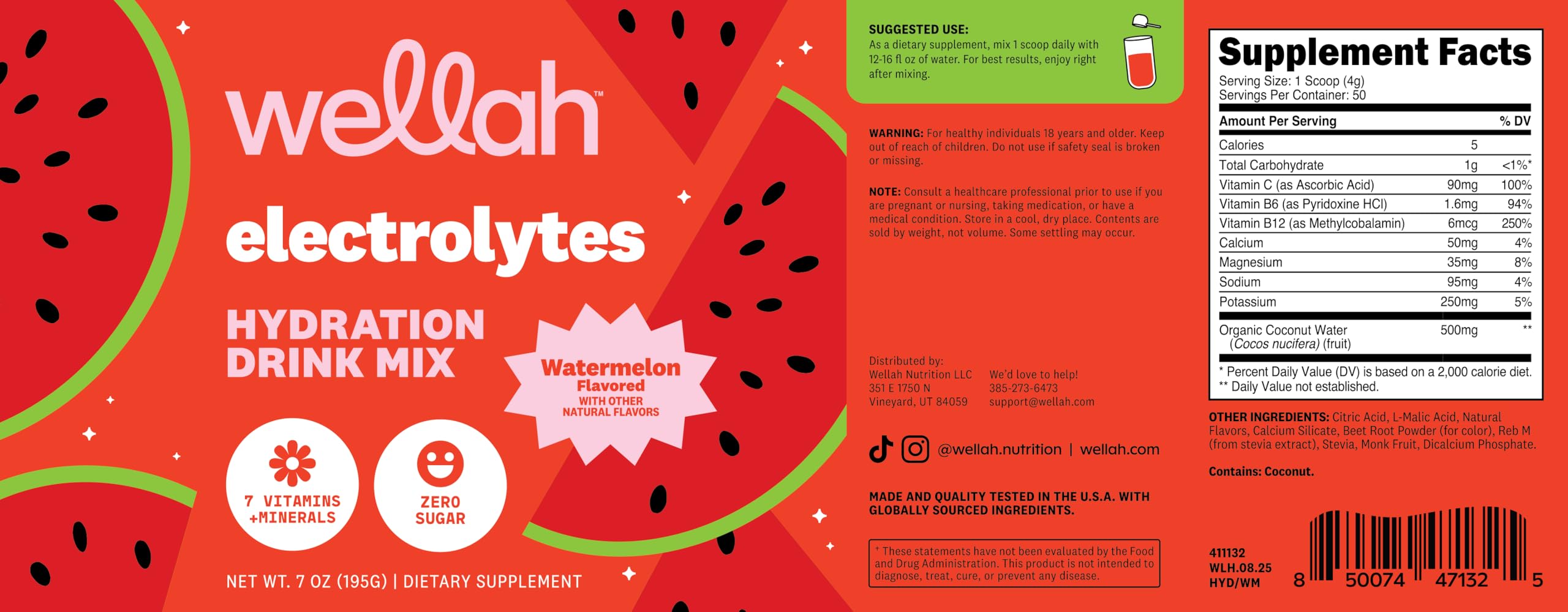 Single-serve Wellah Electrolytes Watermelon sachet for gym, travel, daily use.