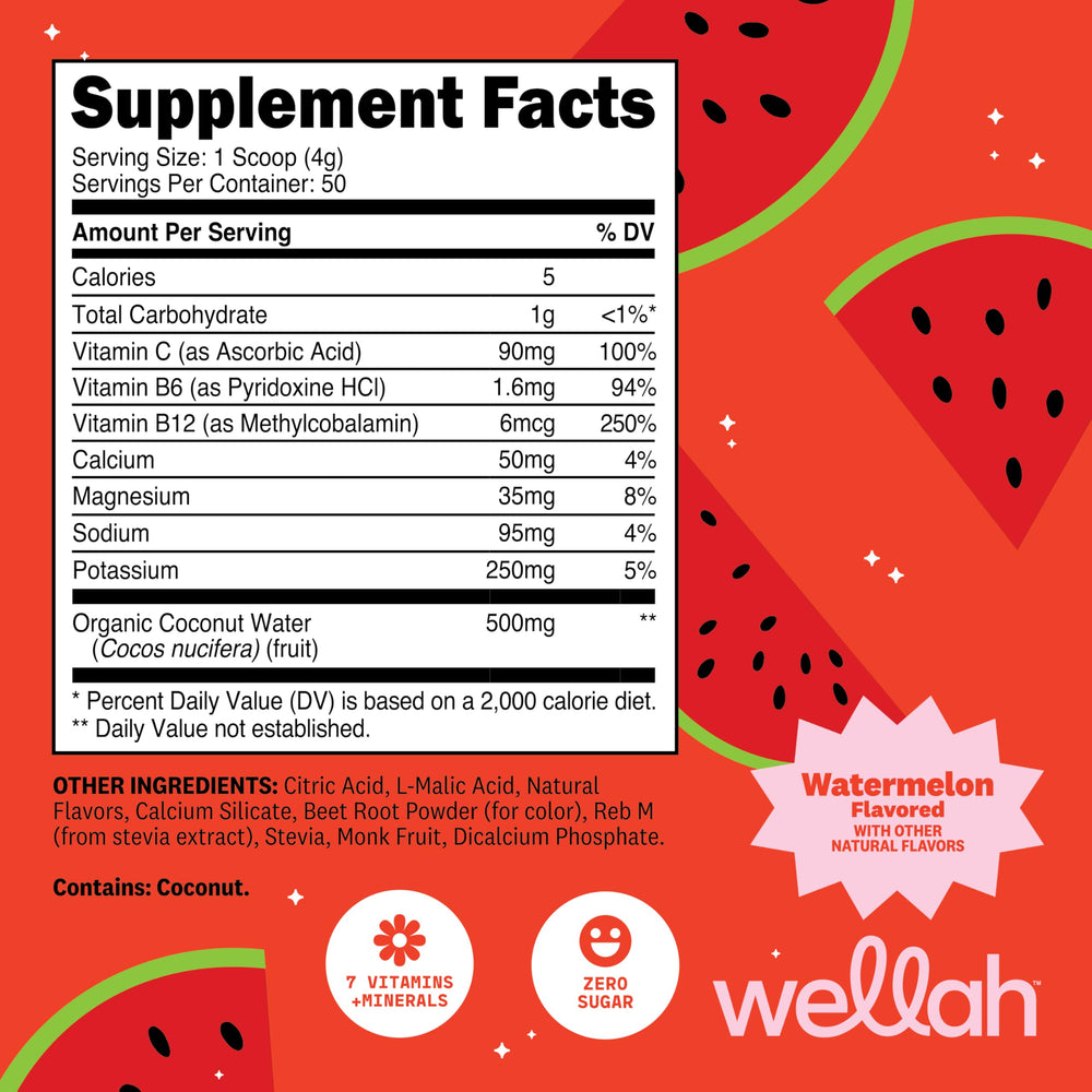 Wellah Electrolytes Watermelon scoop ready to mix for on-the-go hydration.