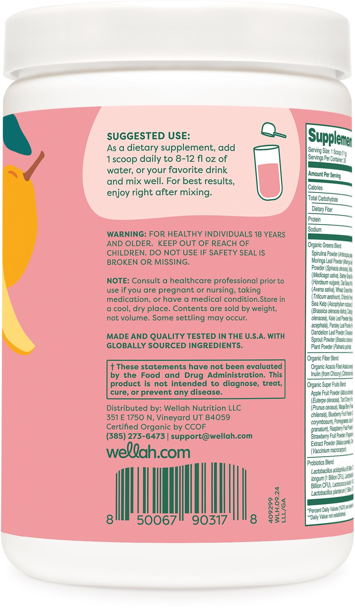 Close-up of greens blend ingredients including spirulina, sea kelp, broccoli