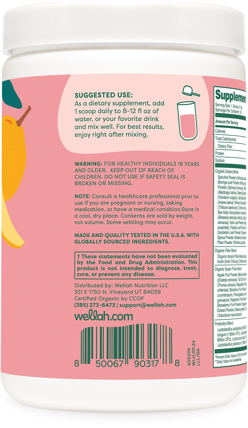 Close-up of greens blend ingredients including spirulina, sea kelp, broccoli