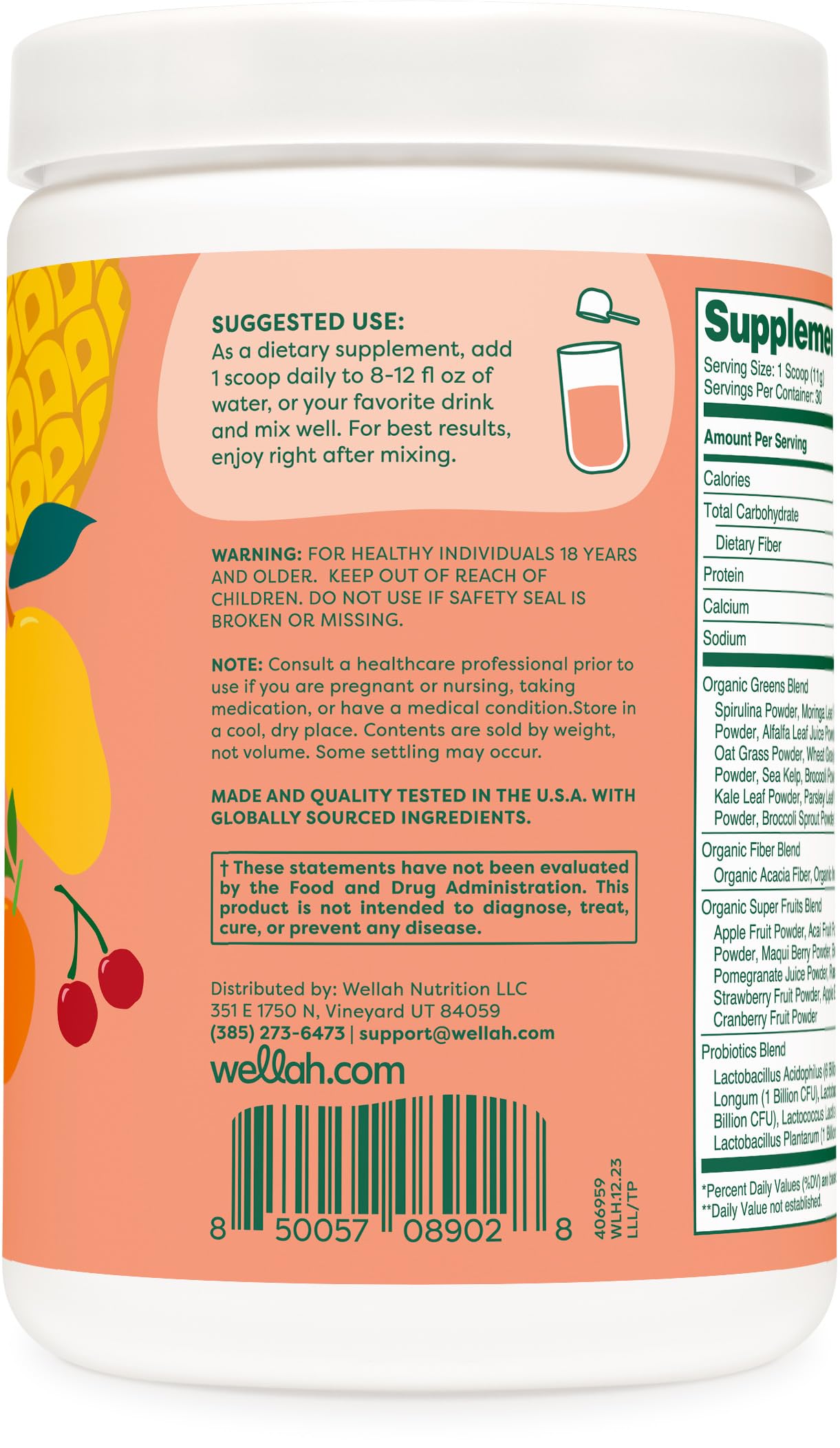 Tropical Punch flavor branding on Wellah Leaf Laugh Love Super Greens tub