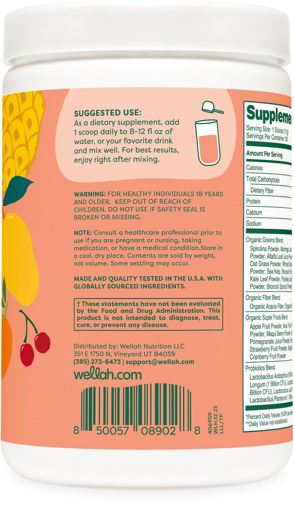 Tropical Punch flavor branding on Wellah Leaf Laugh Love Super Greens tub