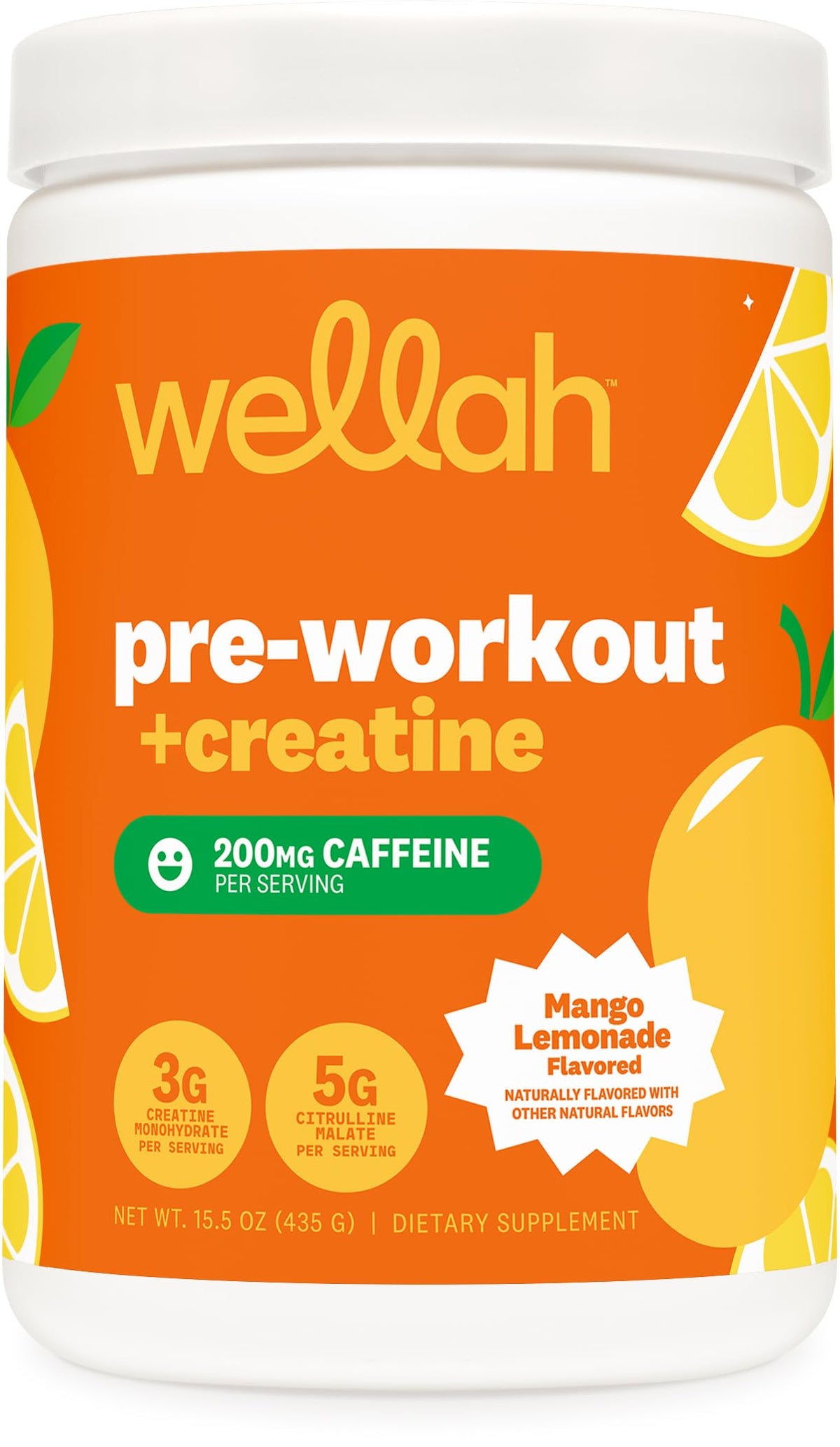 Jar label of Wellah Pre-Workout + Creatine Mango Lemonade 30 Servings