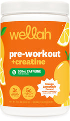 Jar label of Wellah Pre-Workout + Creatine Mango Lemonade 30 Servings