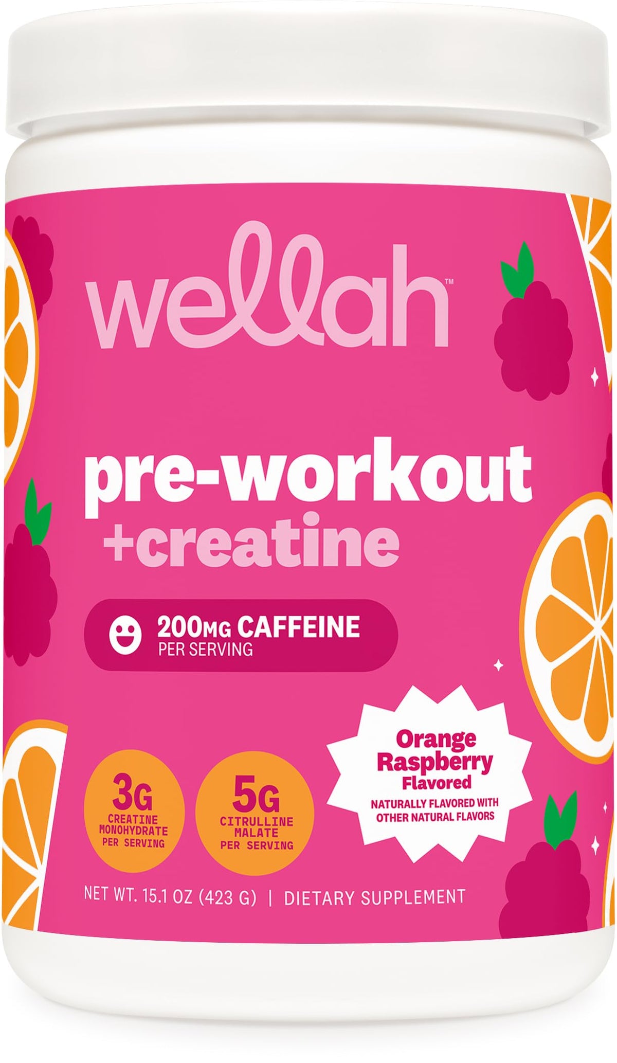 Wellah Pre-Workout + Creatine Orange Raspberry powder in a scoop, 30 servings