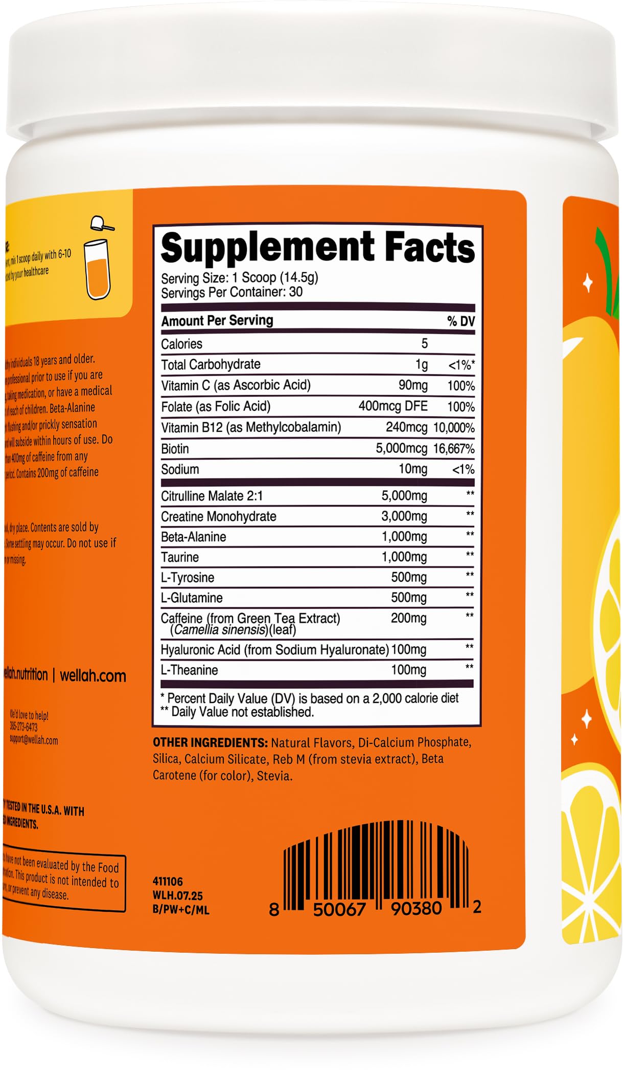 Wellah Pre-Workout Mango Lemonade bottle label highlights creatine and amino blend