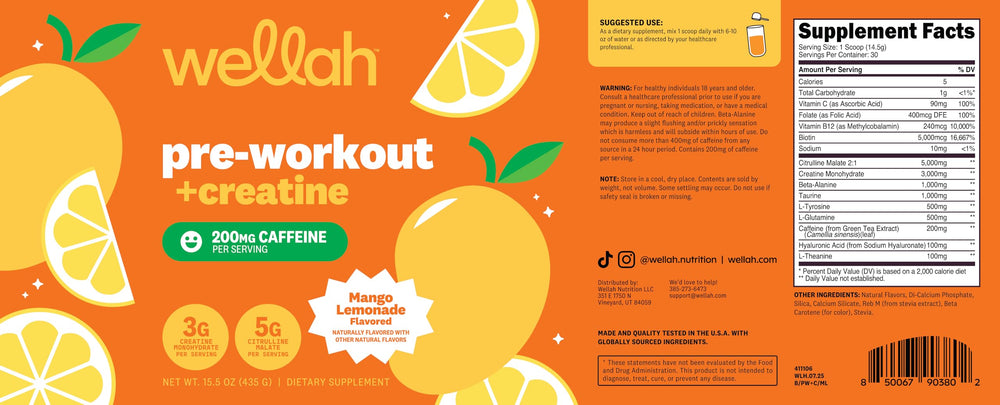 Wellah Pre-Workout Mango Lemonade serving spoon ready for precise dosing