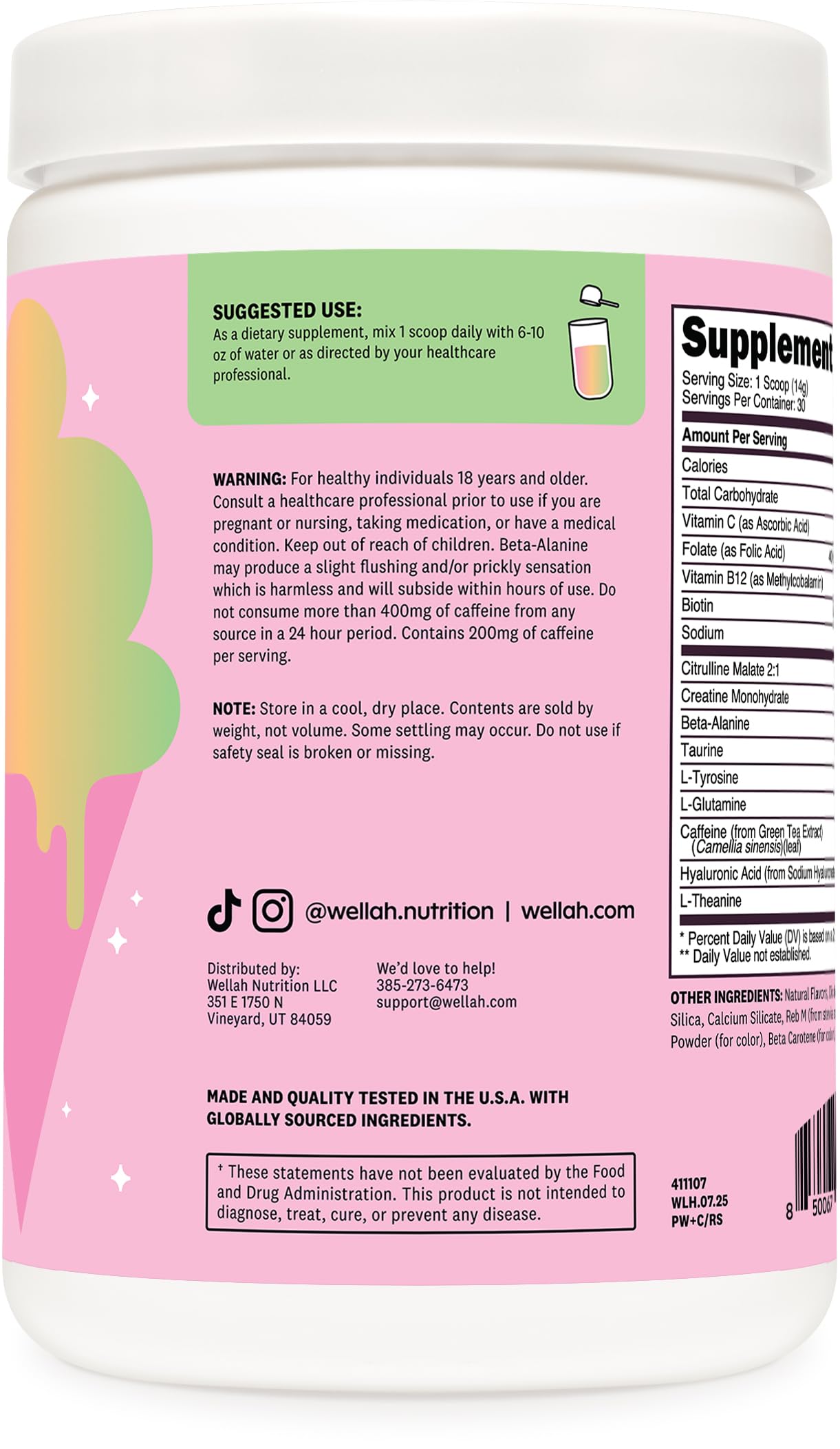 Label highlighting 200mg caffeine, 3g creatine monohydrate, 5g citrulline malate per serving