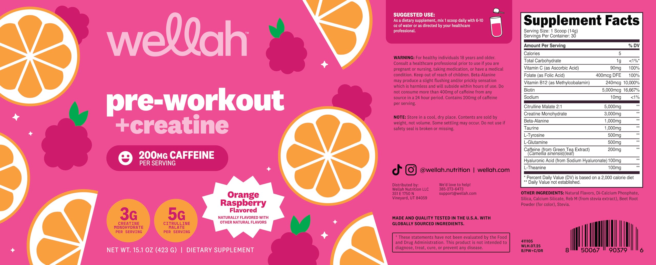 Wellah Pre-Workout Orange Raspberry ingredients chart focusing on creatine and citrulline.