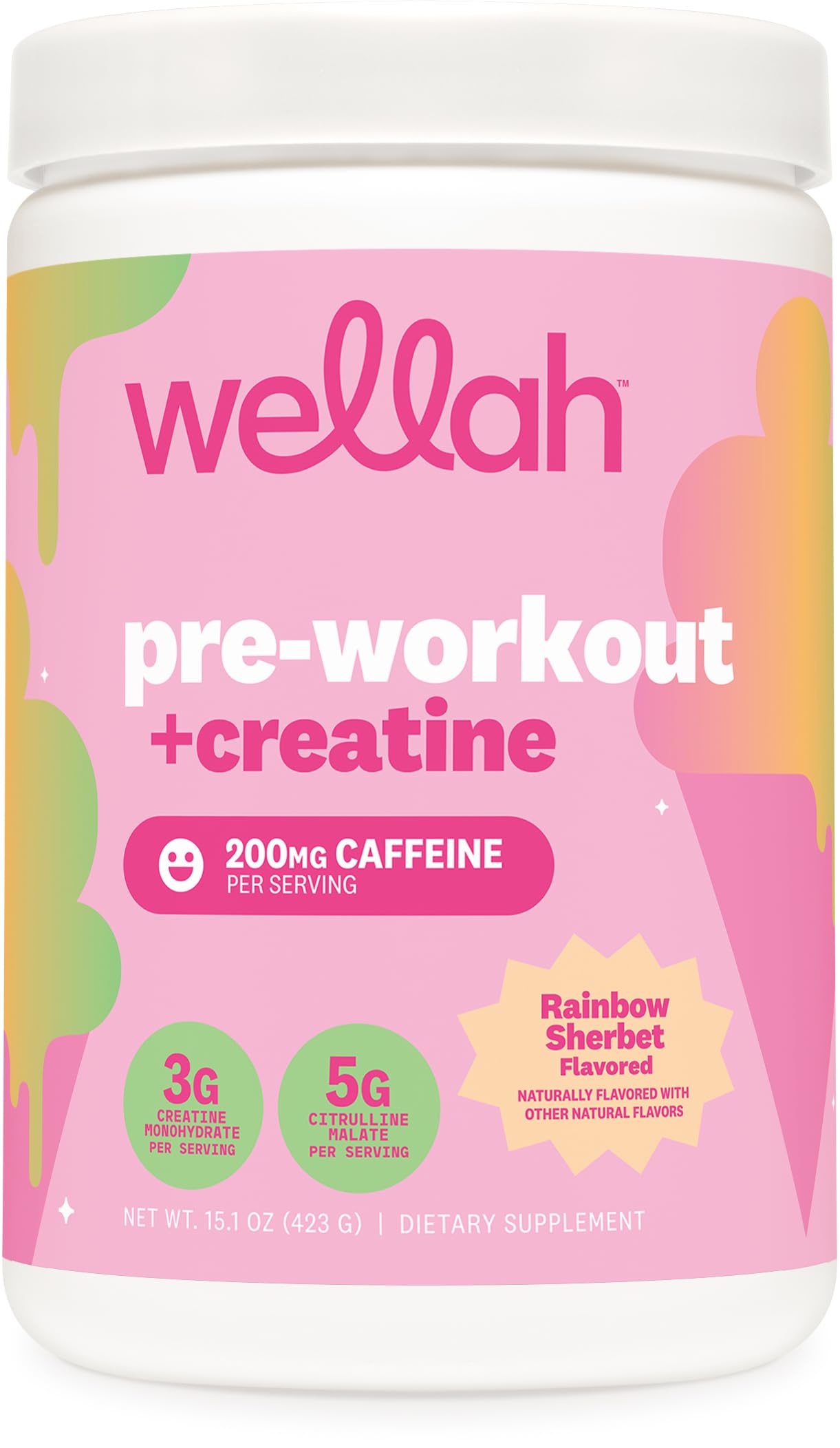 Wellah Rainbow Sherbert pre-workout powder tub front for flavorful energy boost