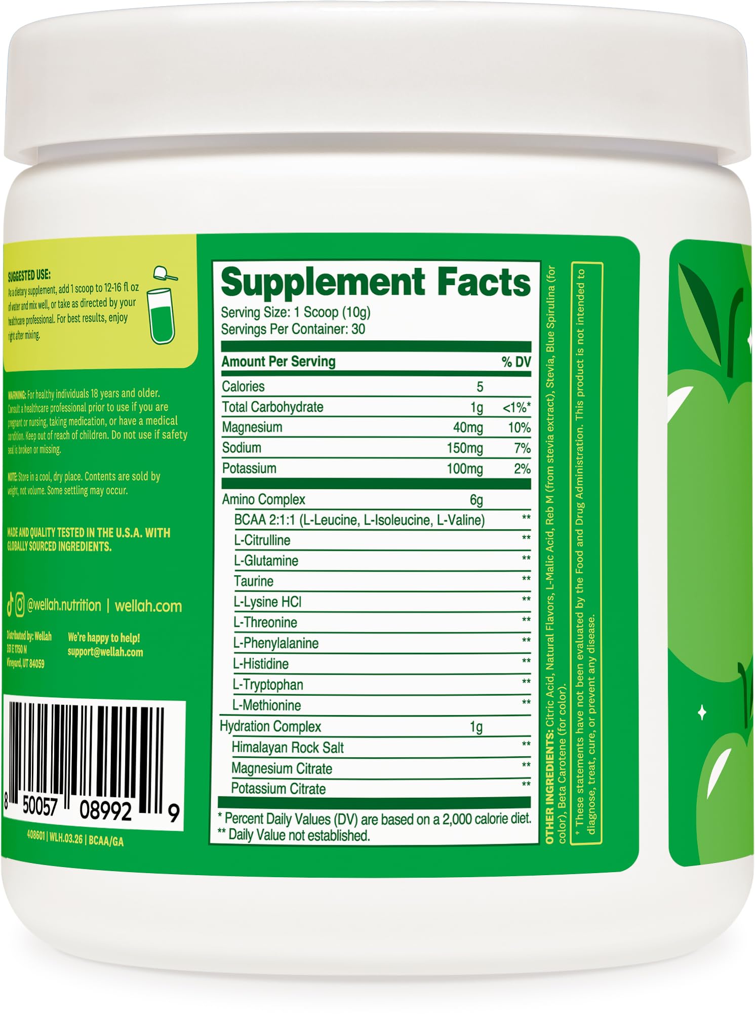 Wellah So Long Soreness BCAA 30 servings label for portion tracking
