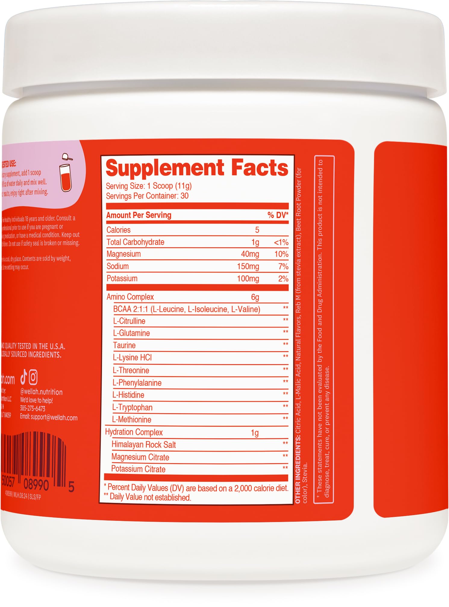 Wellah So Long Soreness BCAA Powder ingredients label – Fruit Punch