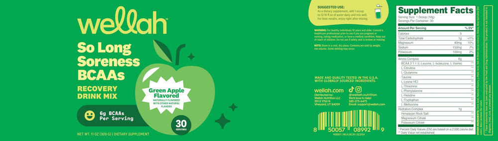 30 servings per container packaging of Wellah BCAA Powder with Hydration Complex